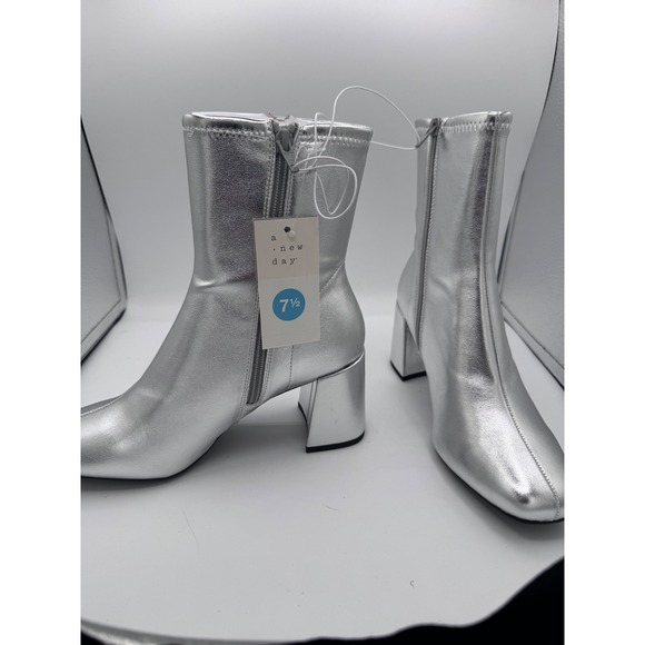 a new day Shoes - A New Day Ankle Boots Metallic Square Toe Block Heel Womens 7.5 Silver Modern
